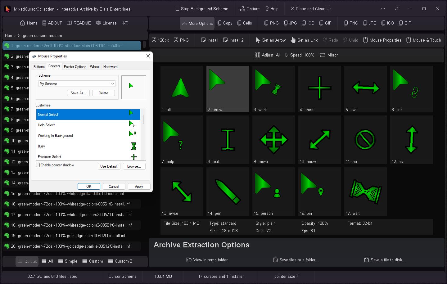 A green cursor scheme installed onto the computer using the "Install 2" option with a custom name of "My Scheme" ready for use
Click to view image full size in a new tab